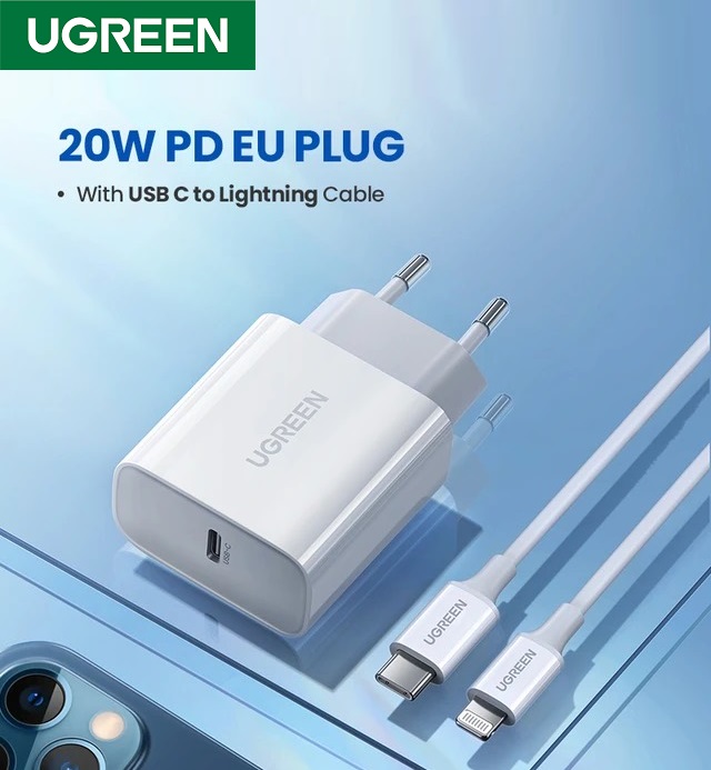 50698 Củ sạc nhanh UGREEN PD20W + cáp USB-C sang Lightling MFi-certified chân Tròn EU (Trắng)