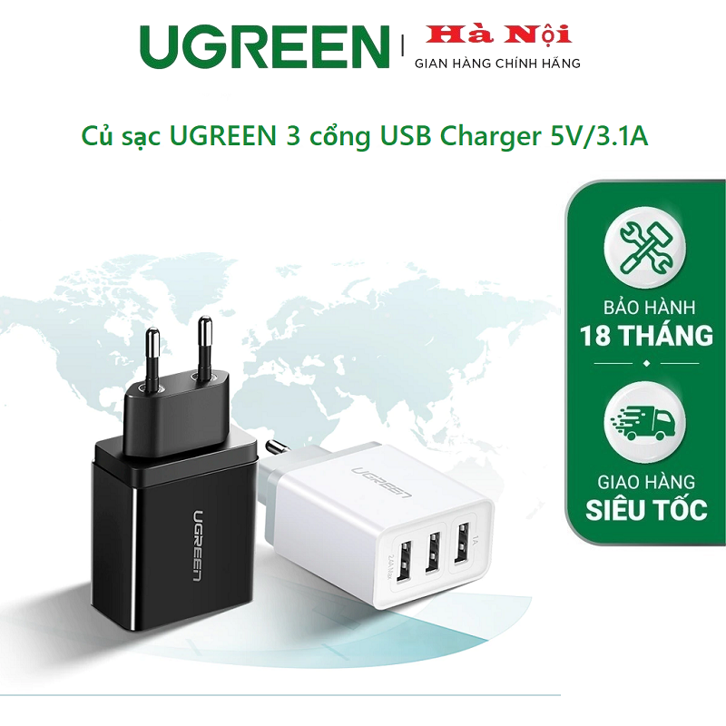 50816 Củ sạc UGREEN 3 cổng USB Charger 5V/3.1A (Black)