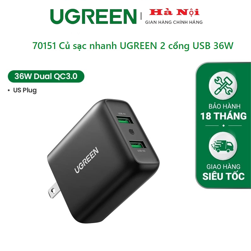 70151 Củ sạc nhanh UGREEN 2 cổng USB 36W Fast Charger chân cắm chuẩn Mỹ (Đen)