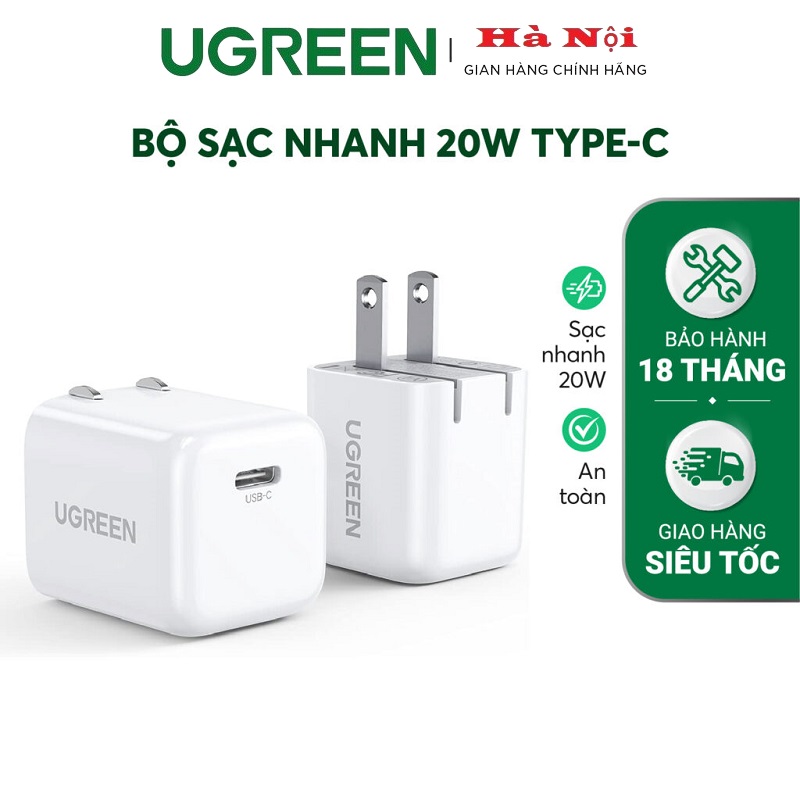 70572 Củ sạc nhanh PD20W UGREEN CD249 Cổng sạc Type-C, chân cắm gập gọn