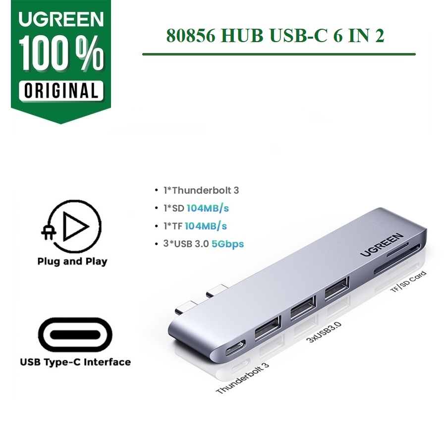80856 Ugreen - Bộ Hub chuyển đổi 2xUSB C sang 2xUSB 3.0, 1xHDMI, 1xSD Card, 1xTF Card, 1xUSB-C