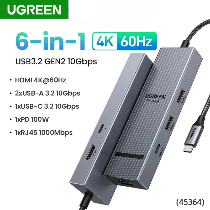 Bộ chia USB-C UGREEN 45364 Revodok Pro sang LAN 1Gbp, HDMI 4K 60Hz, USBA và C 10Gbs, sạc PD 100W