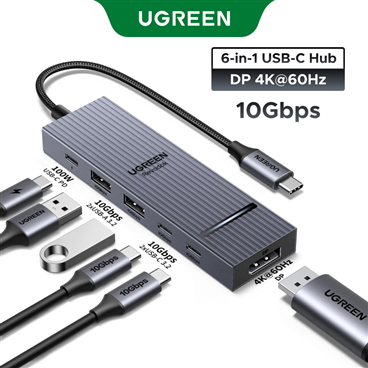 Bộ chia USB-C UGREEN 75244 Revodok sang DisplayPort 4K 60Hz, cấp nguồn 100W, USB-A và USB-C 3.2 10Gb