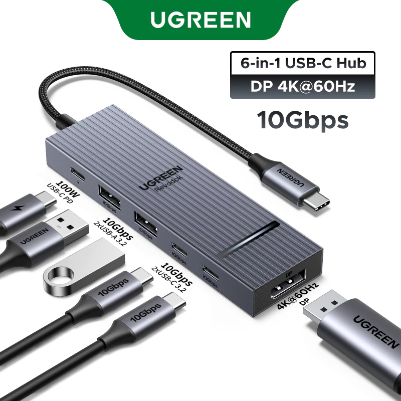 Bộ chia USB-C UGREEN 75244 Revodok sang DisplayPort 4K 60Hz, cấp nguồn 100W, USB-A và USB-C 3.2 10Gb