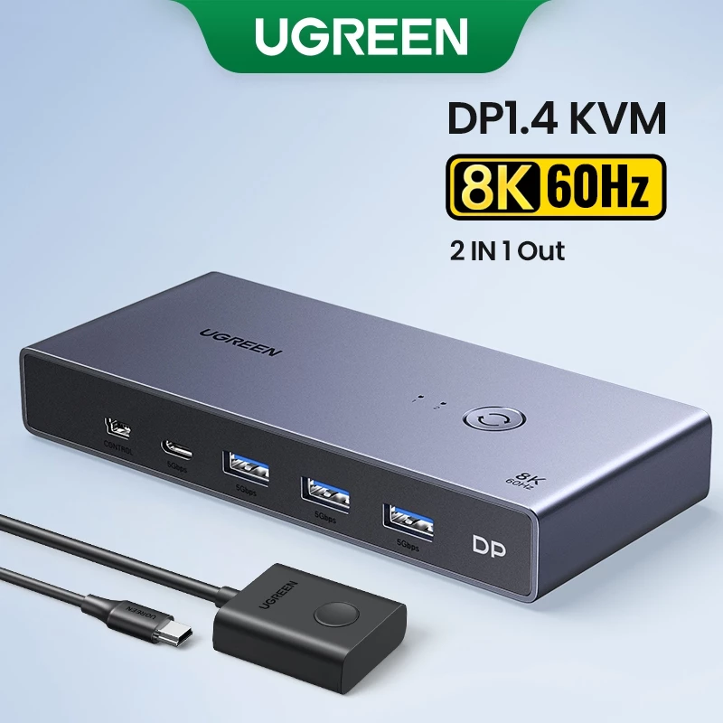 Bộ chuyển đổi UGREEN DP 1.4 Switch 8K 60Hz KVM Switch 2 PC Chia sẻ 1 màn hình CM695-25962 cao cấp