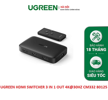 Bộ chuyển mạch HDMI 3 vào 1 ra hỗ trợ 4K@30Hz 3D 1080p Ugreen 80125 (Có remote)