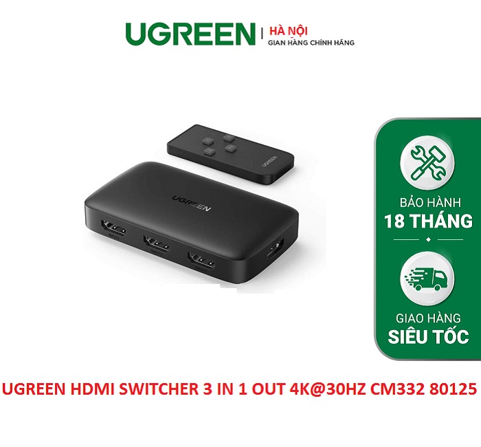 Bộ chuyển mạch HDMI 3 vào 1 ra hỗ trợ 4K@30Hz 3D 1080p Ugreen 80125 (Có remote)