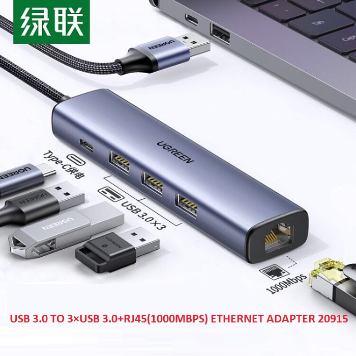 Bộ Hub chia USB 3.0 ra 3 cổng USB 3.0 + Lan Gigabit 1000Mbps Ugreen 20915 cao cấp