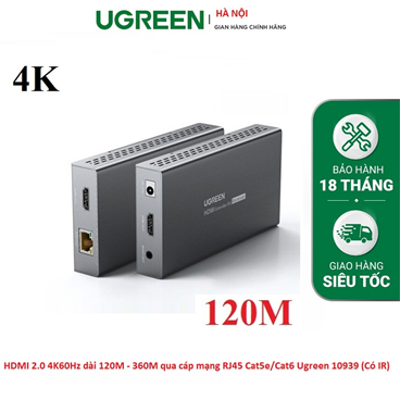 Bộ kéo dài HDMI 2.0 4K60Hz dài 120M - 360M qua cáp mạng RJ45 Cat5e/Cat6 Ugreen 10939 (Có IR)