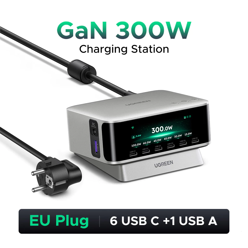 Bộ sạc nhanh máy tính để bàn UGREEN 300W X783 75752 GaN 8 cổng (6x USB-C + 1x USB-A + 1x DC) cao cấp