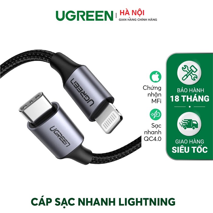 Cáp sạc nhanh UGREEN Mfi USB C Lightning 20W PD dài 1,5M cao cấp US304 60760