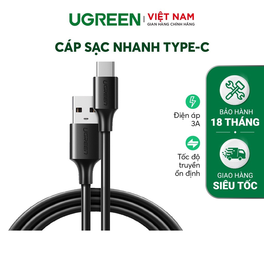 Cáp sạc nhanh UGREEN US287 USB 2.0 sang USB Type-C, điện áp 3A màu đen dài 2m 60118
