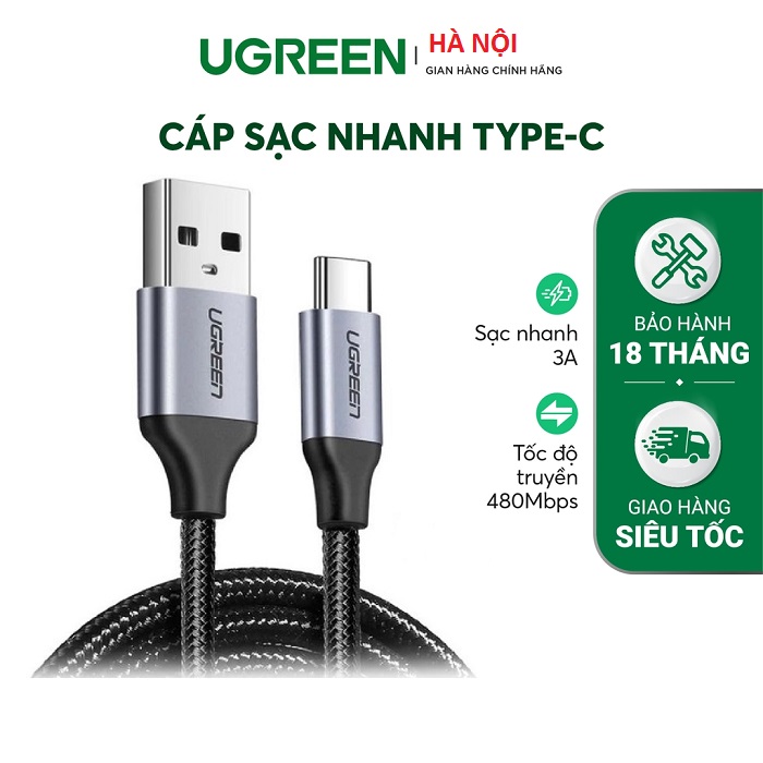 Cáp sạc và truyền dữ liệu cổng Type-c, dòng 3A, dài 1.5M UGREEN US288 60127 đầu nhôm vỏ Nylon bện