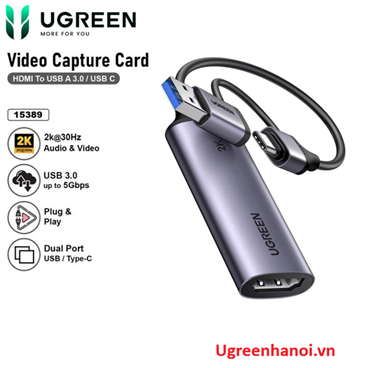 Card Capture HDMI, Live Streaming 2K@30Hz HDMI to USB 3.0, Type-C Ugreen 15389 CM629 cao cấp
