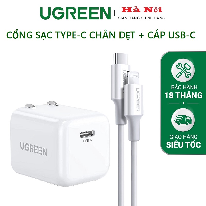 Củ sạc nhanh PD20W UGREEN CD249 Cổng sạc Type-C, chân cắm gập gọn + Cáp USB-C