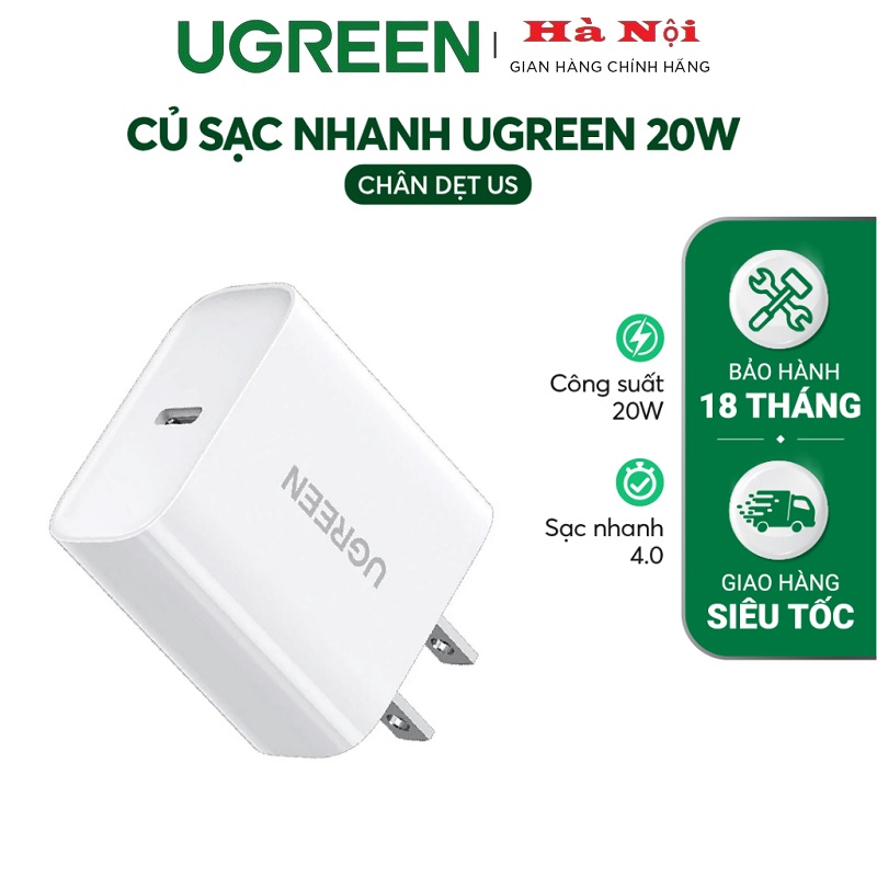 60449 Củ sạc nhanh UGREEN với cổng PD USB-C 20W chân dẹt US (Trắng)