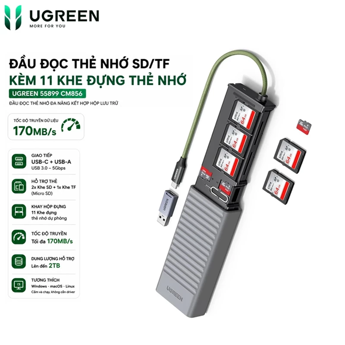 Đầu đọc thẻ nhớ SD/TF giao tiếp USB-A/USB-C kèm 11 khe đựng thẻ nhớ Ugreen 55899 cao cấp