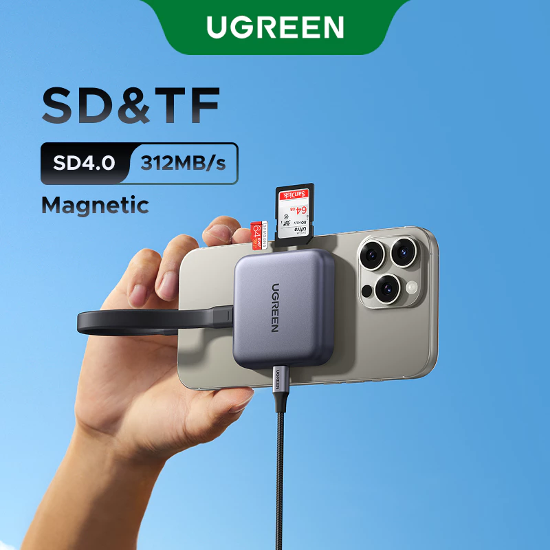 Đầu Đọc Thẻ UGREEN 65095 CM898 Type-C Magnetic 3in1, cảm ứng từ