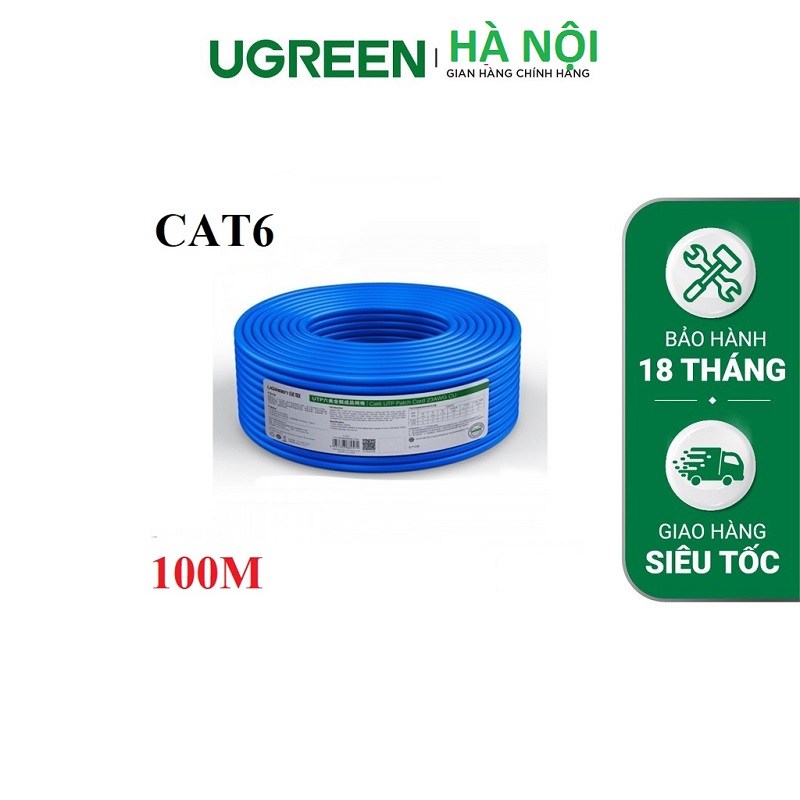 Dây, Cáp mạng UTP CAT6 dài 100m chính hãng Ugreen 11257, 23AWG Cao cấp