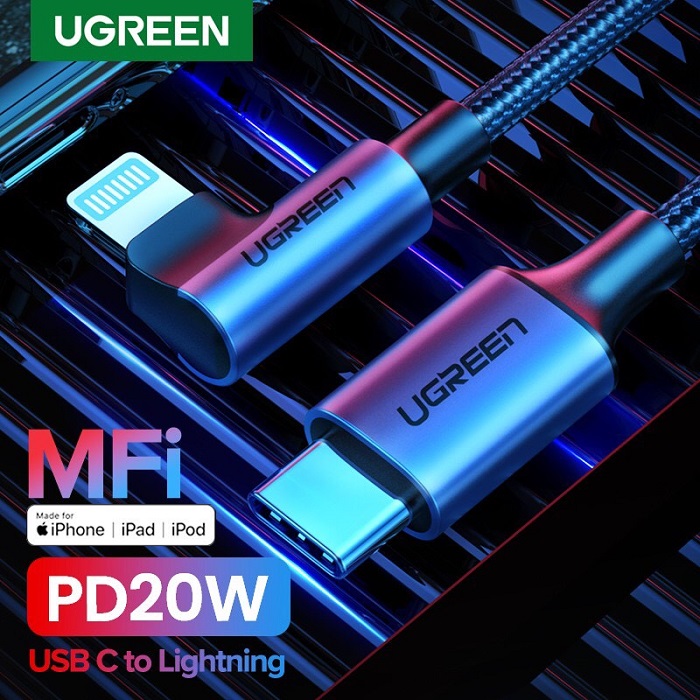 Dây cáp UGREEN bện nylon dạng góc 90 độ MFI cổng USB-C sang Lightning dài 2M US305 60765 cao cấp