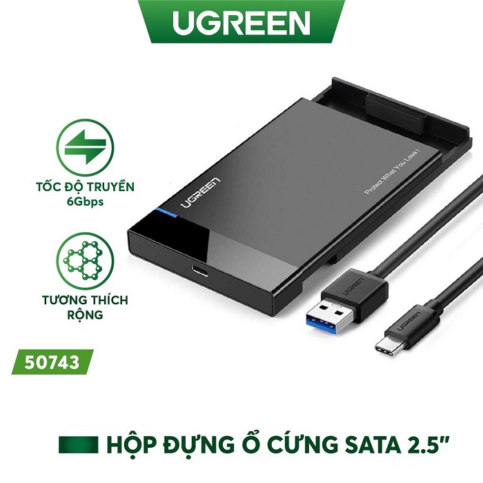 Hộp đựng ổ cứng 2,5inch SATA USB type-C Hỗ trợ 6TB Chính hãng Ugreen 50743 cao cấp