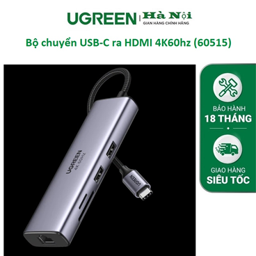Hub Type C 7 in 1 -  USB Type-C ra HDMI 4K@60hz/USB/LAN Gigabit/PD100W/SD/TF Ugreen 60515 cao cấp