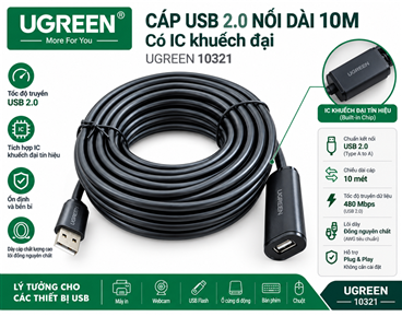 Ugreen 10321, Dây Cáp USB 2.0 dài 10M, có IC khuếch đại cao cấp