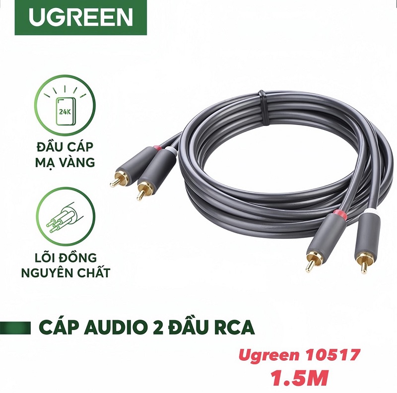 Ugreen 10517 cáp AV RCA 2 đầu hoa sen dài 1.5M mạ vàng 24K cao cấp (màu đen)