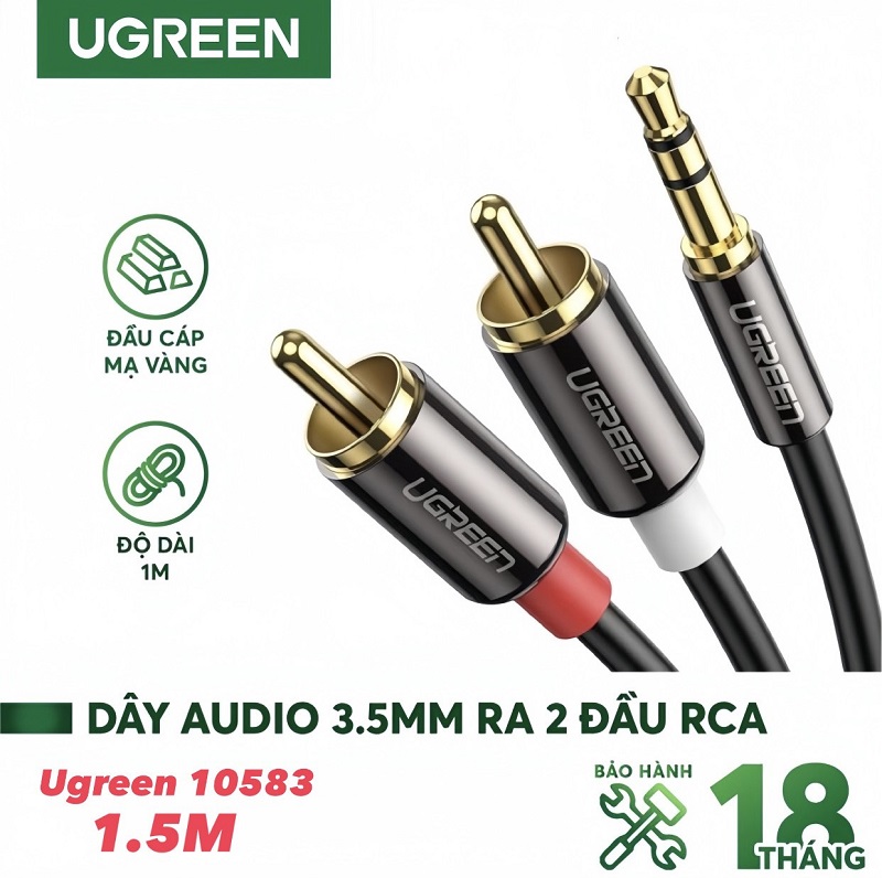 Ugreen 10583 cáp âm thanh 3.5mm ra 2 đầu RCA dài 1.5M mạ vàng 24K cao cấp