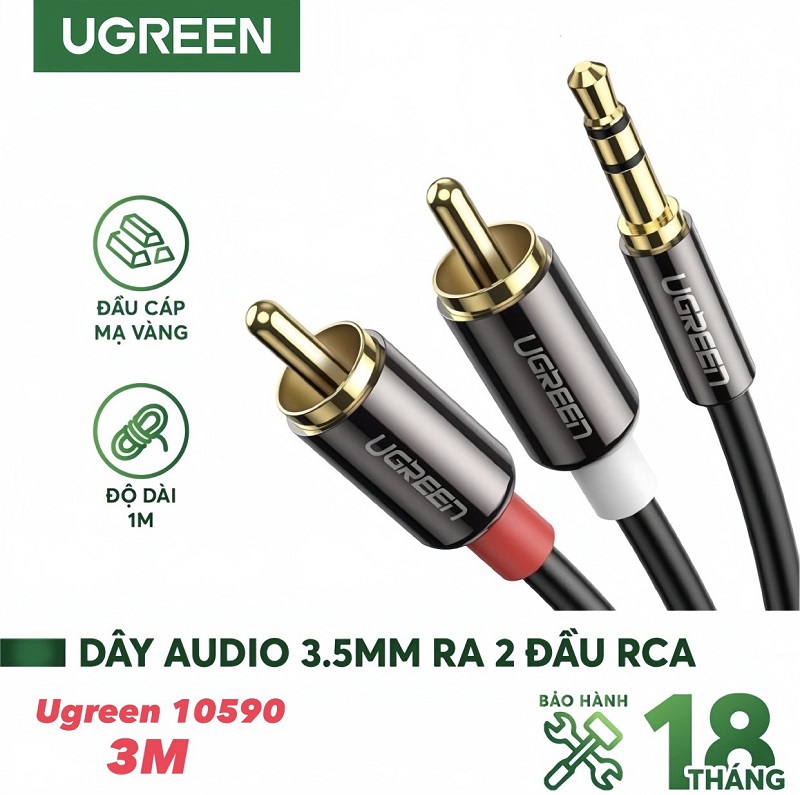 Ugreen 10590 cáp âm thanh 3.5mm ra 2 đầu RCA dài 3M mạ vàng 24K cao cấp