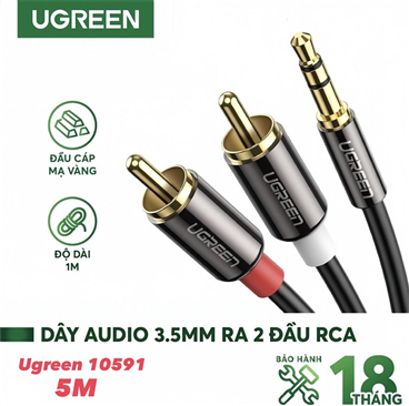 Ugreen 10591 cáp âm thanh 3.5mm ra 2 đầu RCA dài 5M mạ vàng 24K cao cấp