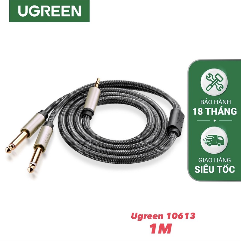 Ugreen 10613 cáp audio 3.5mm ra hai đầu 6.5mm dài 1M mạ vàng 24K cao câp (màu xám)