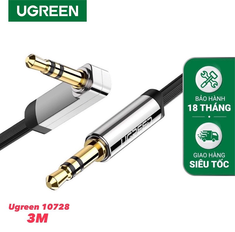 Ugreen 10728 cáp audio 3.5mm dài 3m dẹp vuông góc 90 độ vàng Right Angle Flat Gold Plated Av119