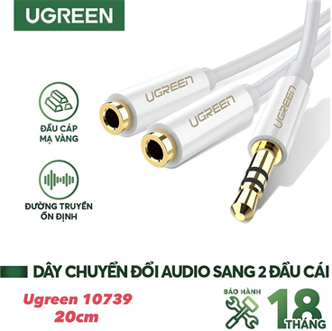 Ugreen 10739 cáp chia âm thanh từ 1 ra 2 cổng âm thanh 3.5mm dài 20cm mạ vàng 24K cao cấp(màu trắng)