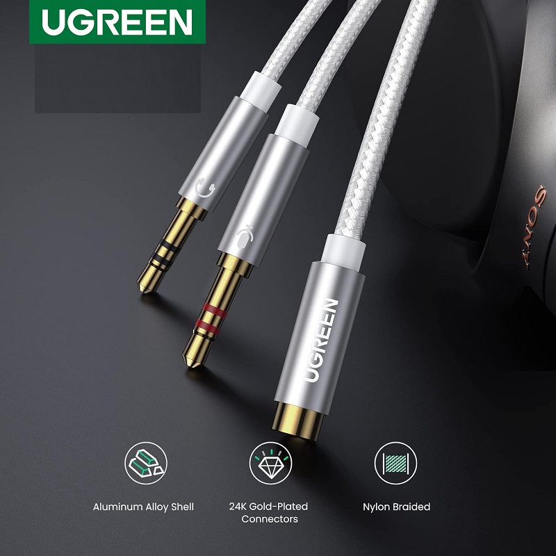 Ugreen 10790, Dây cáp gộp mic và tai nghe sang jack 3.5mm âm Vỏ nhôm, màu bạc, 20CM