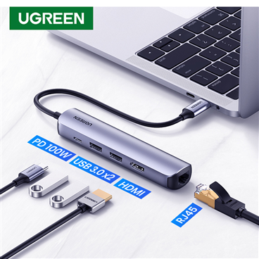 Ugreen 10919 USB-C sang 2*USB 3.0+HDMI+Bộ chuyển đổi Ethernet RJ45+PD 4K 60Hz