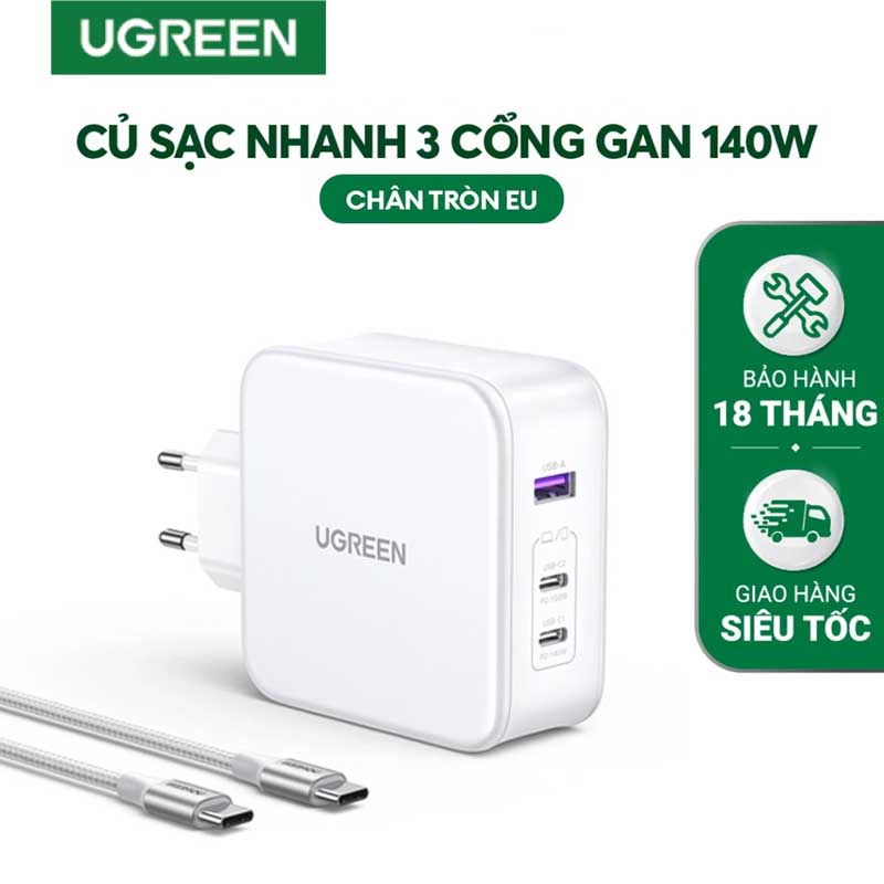 Ugreen 15338  Củ sạc nhanh Nexode 140W GaN PD3.1, 2 USB Type-C và 1 USB Type-A  cao cấp (US)