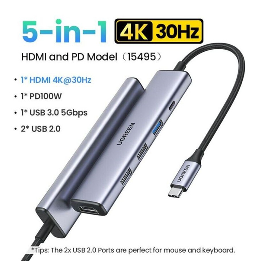 ugreen 15495 Bộ chuyển đổi USB-C đến 2xUSB-A 2.0+1xUSB-A 3.0+HDMI+PD 4K@30Hz