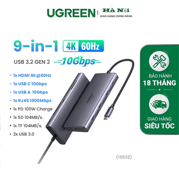 Ugreen 15532 Hub chuyển USB typeC sang 2*USB A3.0 + 1USBA + 1USB-C + HDMI + RJ45 Gigabit + SD/TF