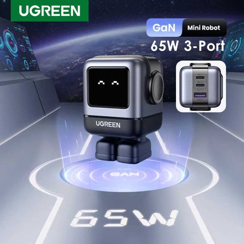 Ugreen 15570 Bộ sạc nhanh 65W2C1A GaN-Robot màu xám-Phích cắm US cao cấp chính hãng