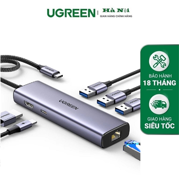Ugreen 15598 Bộ chuyển đổi USB-C sang 3*USB 3.0 A+HDMI+RJ45+PD 4K@30Hz với PD