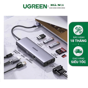 Ugreen 15600 Bộ chuyển đổi USB-C sang 3*USB 3.0 A+HDMI+VGA+RJ45 Gigabit+SD/TF+PD 4K@30Hz với PD