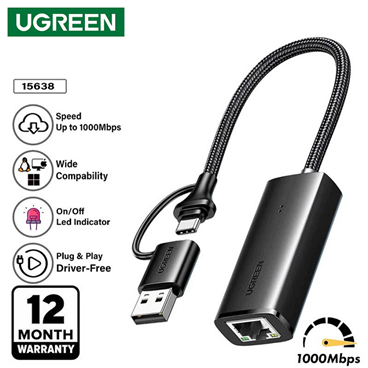 UGREEN 15638 Bộ chuyển đổi USB-C/USB-A sang Ethernet 1000Mbps cao cấp