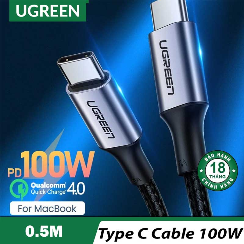 Ugreen 20478 Cáp USB-C UGREEN vỏ nhôm bện 0.5m (Đen) chính hãng