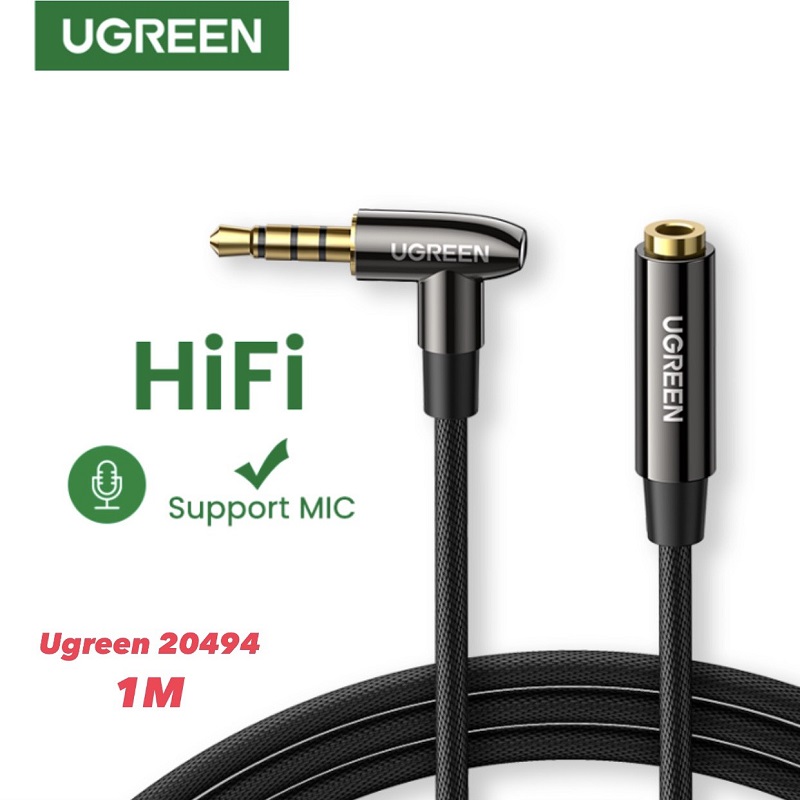 Ugreen 20494 cáp nối dài audio 3.5mm hỗ trợ Hi-Fi Stereo TRRS dài 1M 4 khấc 90 độ (màu đen)