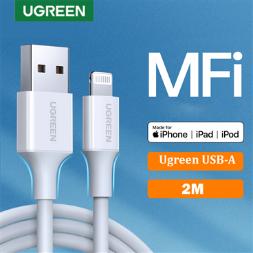 Ugreen 20730 Cáp UGREEN USB-A Male to Lightning Male Mạ Niken Vỏ ABS 2m (Trắng) cao cấp