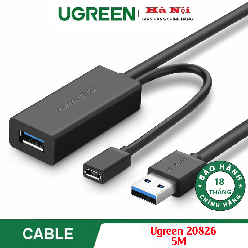 Ugreen 20826  Dây,Cáp USB 3.0 nối dài 5M hỗ trợ nguồn Micro USB