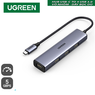UGREEN 20841 Hub USB Type-C sang 4 cổng USB 3.0 Vỏ nhôm, dây bọc dù