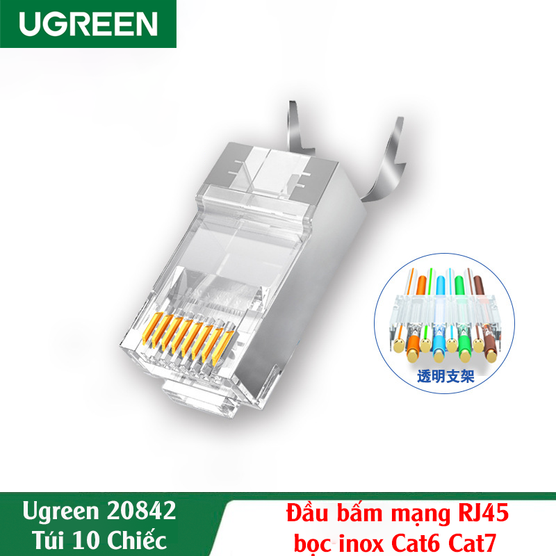 Ugreen 20842,Đầu bấm mạng RJ45 chuẩn Cat6 cao cấp có vỏ bọc inox Túi 10 chiếc