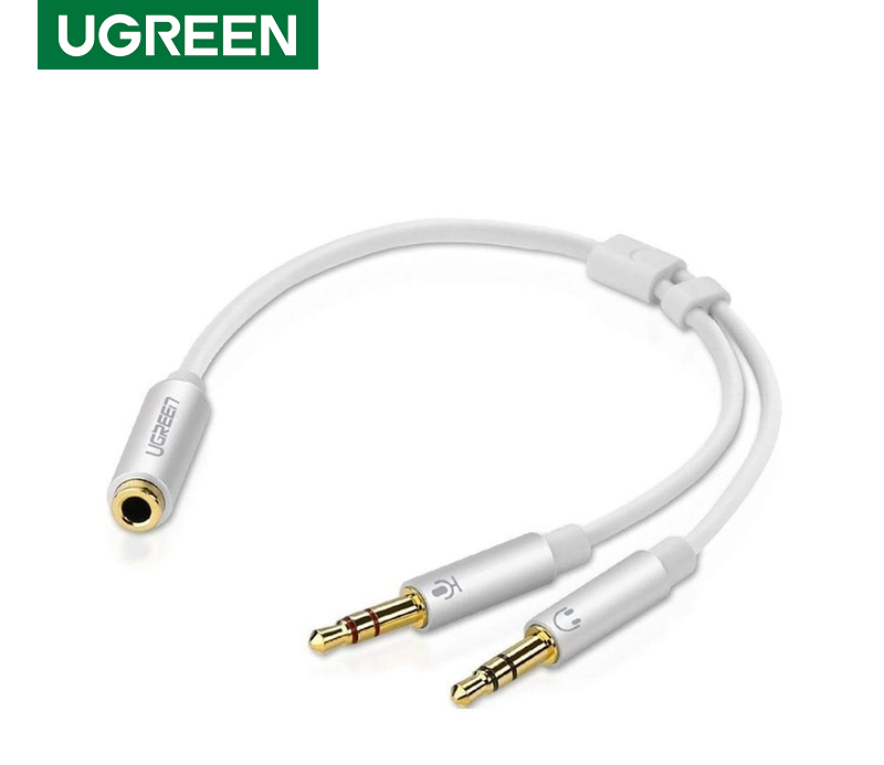 Ugreen 20897 Dây cáp gộp mic và tai nghe sang jack 3.5mm âm, ABS, trắng, 20cm